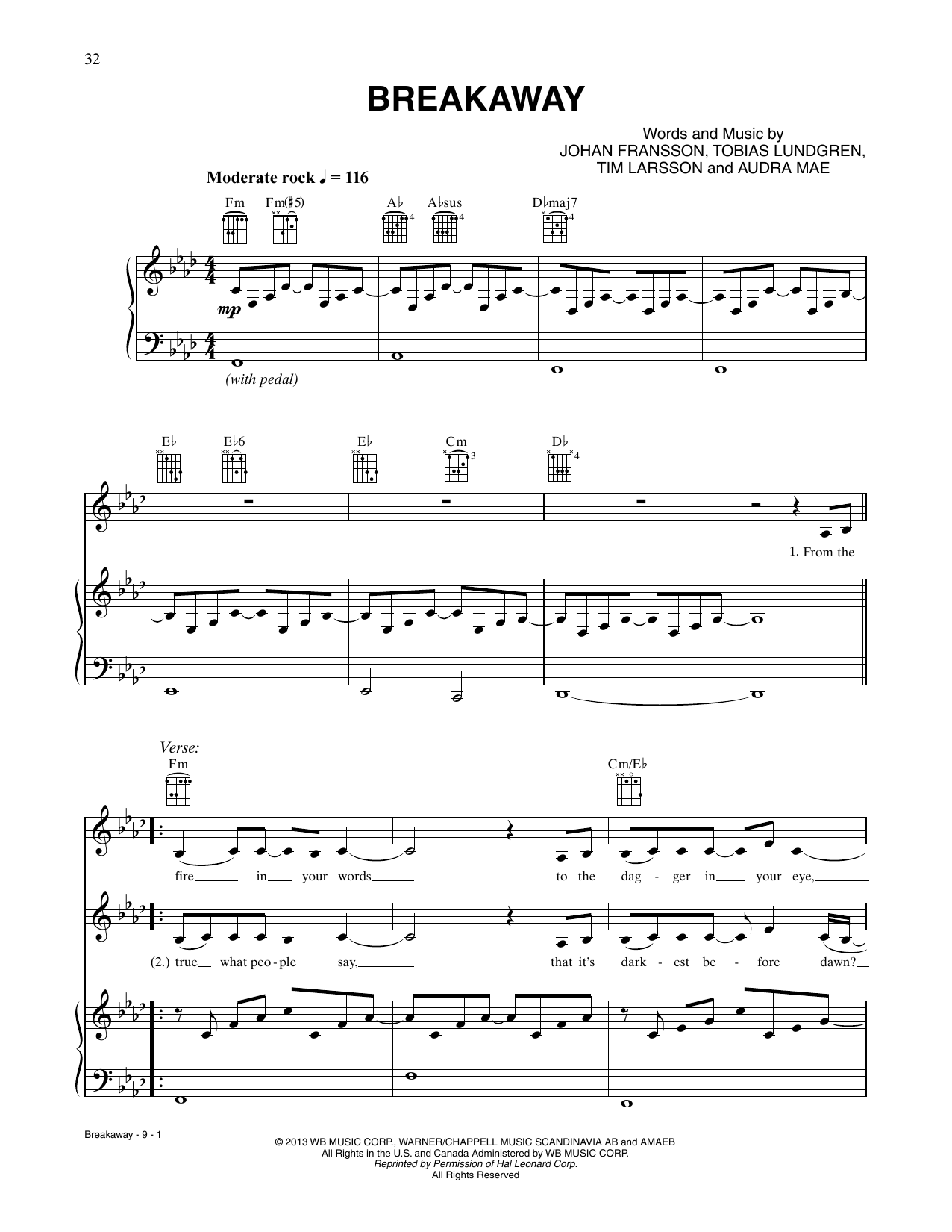 CÉLINE DION Breakaway sheet music notes and chords arranged for Piano, Vocal & Guitar Chords (Right-Hand Melody)