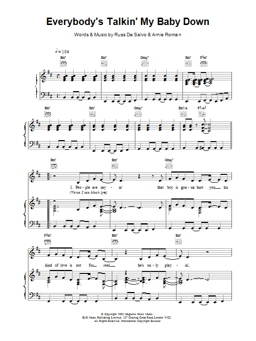 Celine Dion Everybody's Talkin' My Baby Down sheet music notes and chords arranged for Piano, Vocal & Guitar Chords