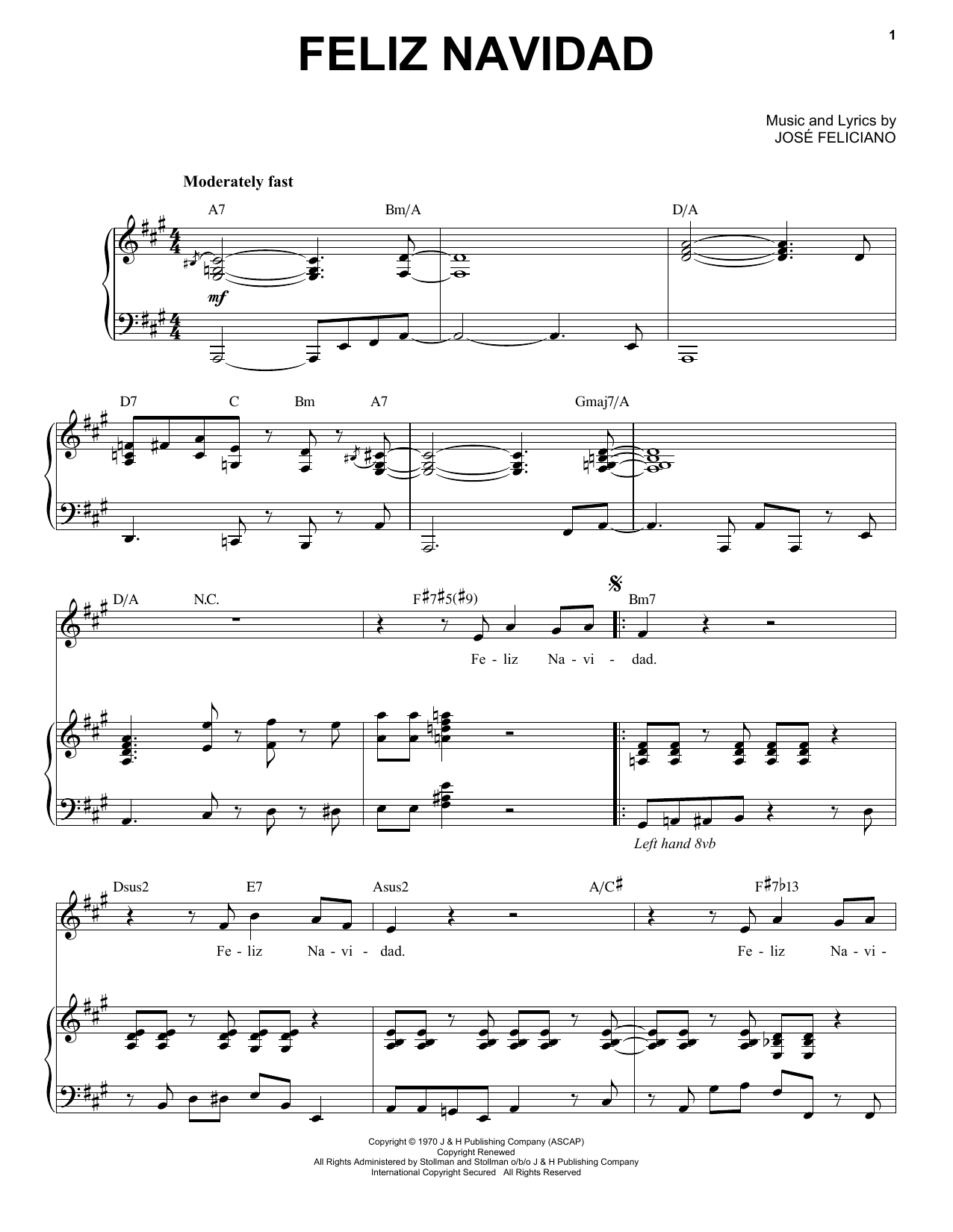 Jose Feliciano Feliz Navidad sheet music notes and chords arranged for Piano & Vocal
