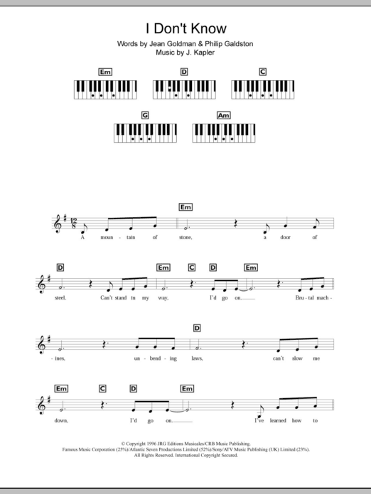 Celine Dion I Don't Know sheet music notes and chords arranged for Piano Chords/Lyrics