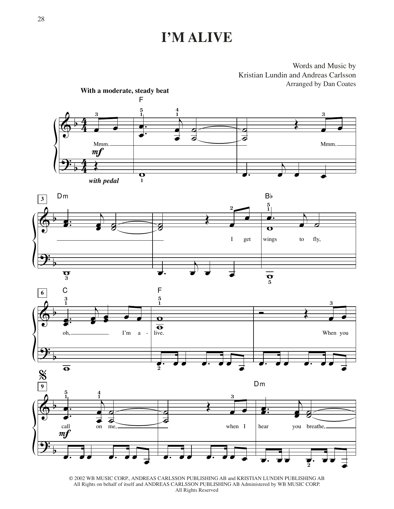 Celine Dion I'm Alive sheet music notes and chords arranged for Easy Piano