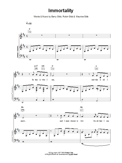 Celine Dion Immortality sheet music notes and chords arranged for Piano, Vocal & Guitar Chords