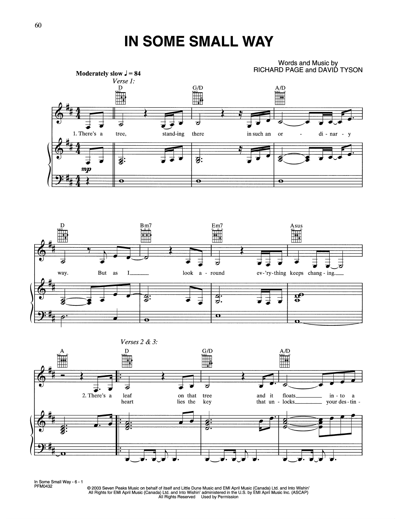 Celine Dion In Some Small Way sheet music notes and chords arranged for Piano, Vocal & Guitar Chords (Right-Hand Melody)