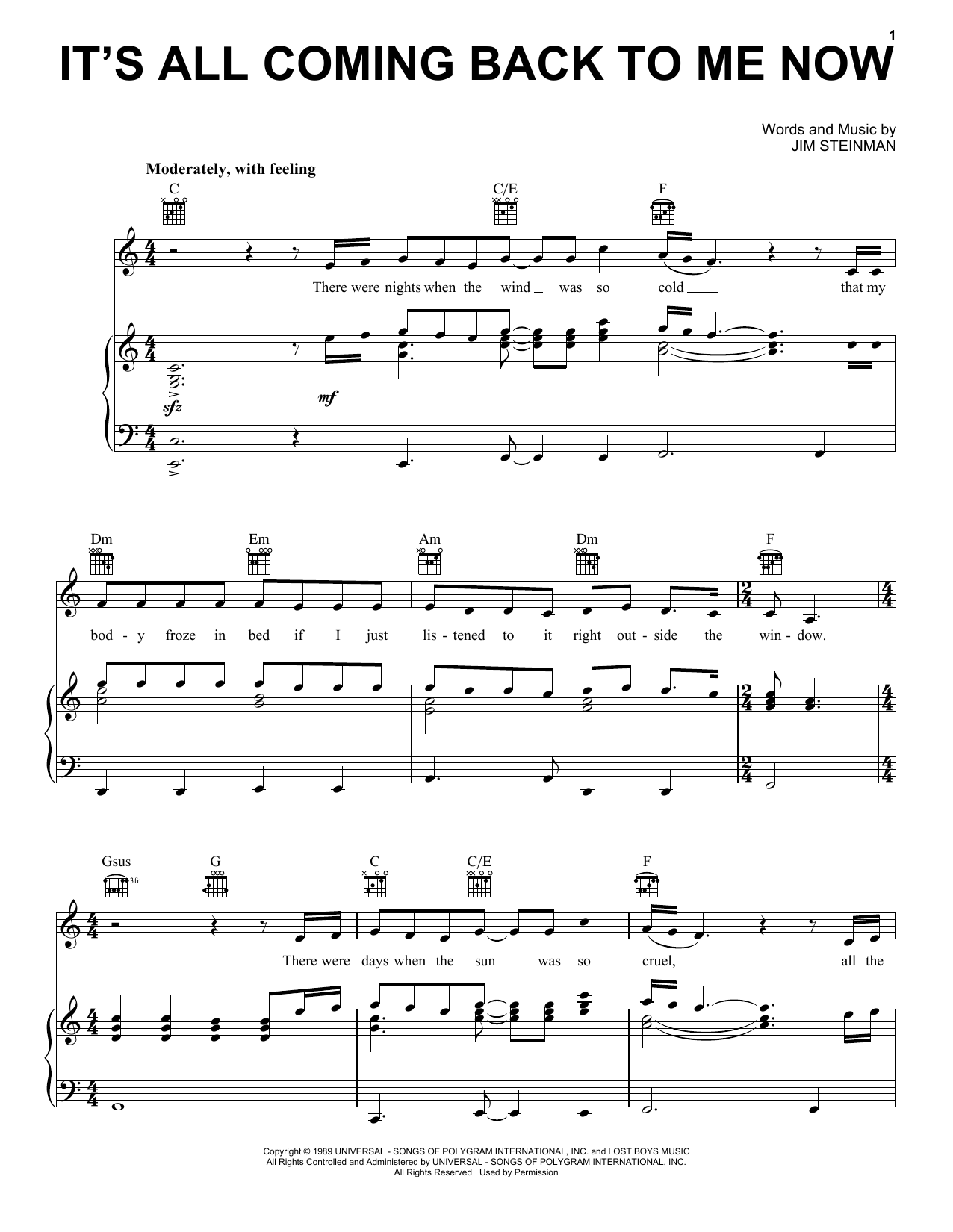 Celine Dion It's All Coming Back To Me Now sheet music notes and chords arranged for Piano, Vocal & Guitar Chords (Right-Hand Melody)