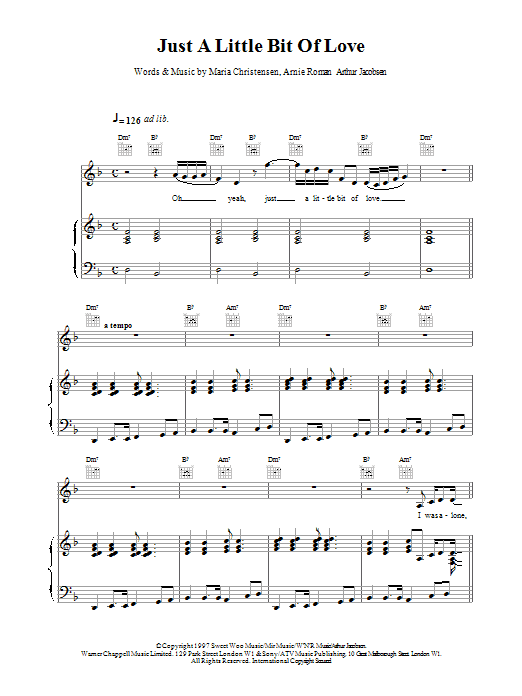 Celine Dion Just A Little Bit Of Love sheet music notes and chords arranged for Piano, Vocal & Guitar Chords
