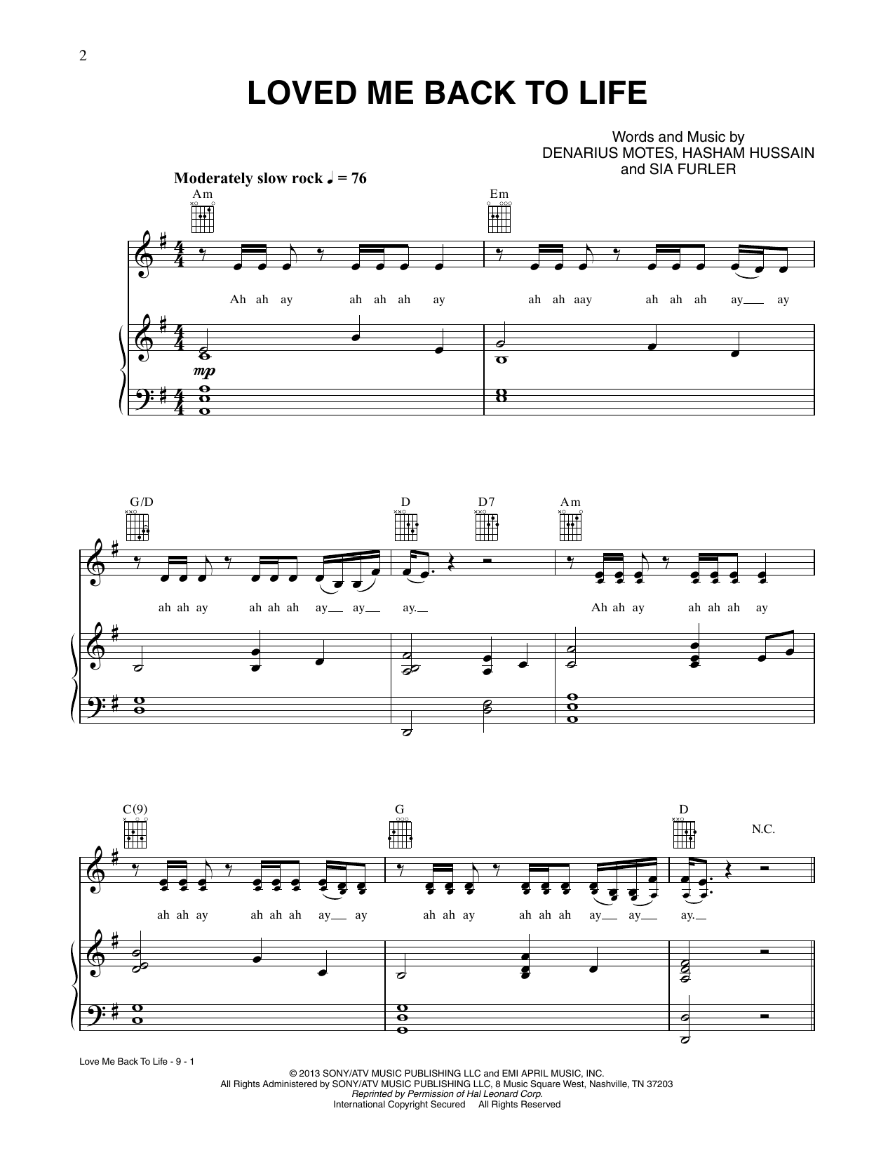 CÉLINE DION Loved Me Back To Life sheet music notes and chords arranged for Piano, Vocal & Guitar Chords (Right-Hand Melody)