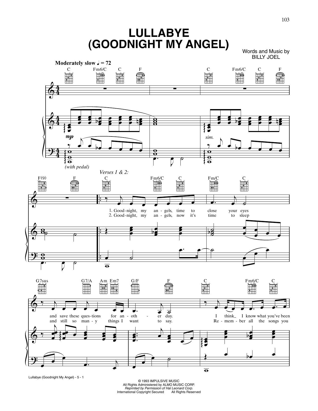 CÉLINE DION Lullabye (Goodnight, My Angel) sheet music notes and chords arranged for Piano, Vocal & Guitar Chords (Right-Hand Melody)