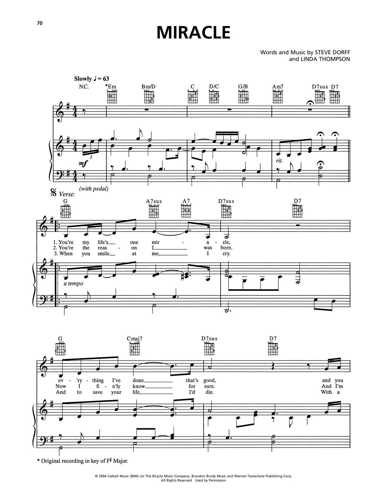Celine Dion Miracle sheet music notes and chords arranged for Piano, Vocal & Guitar Chords (Right-Hand Melody)