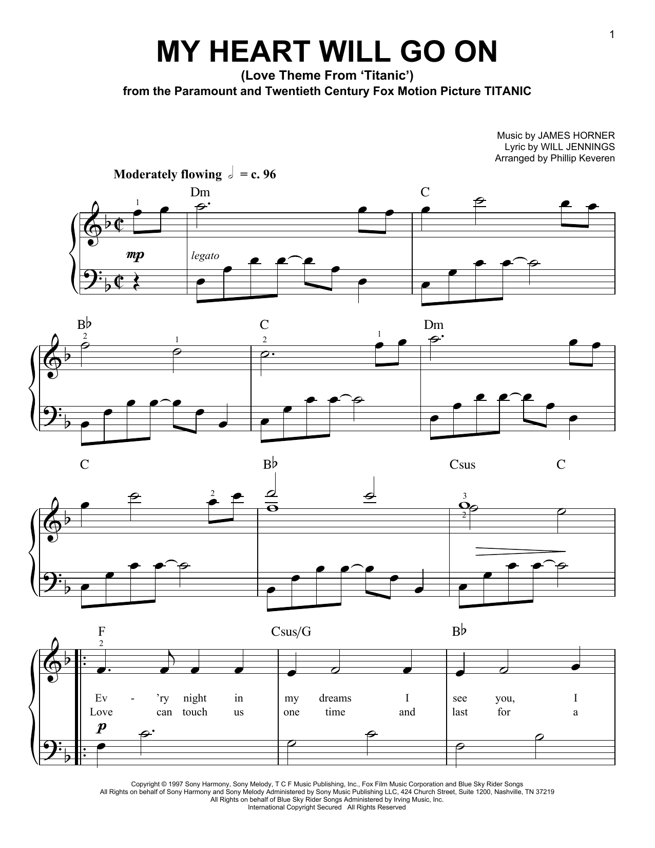 Celine Dion My Heart Will Go On (from Titanic) (arr. Phillip Keveren) sheet music notes and chords arranged for Piano Solo
