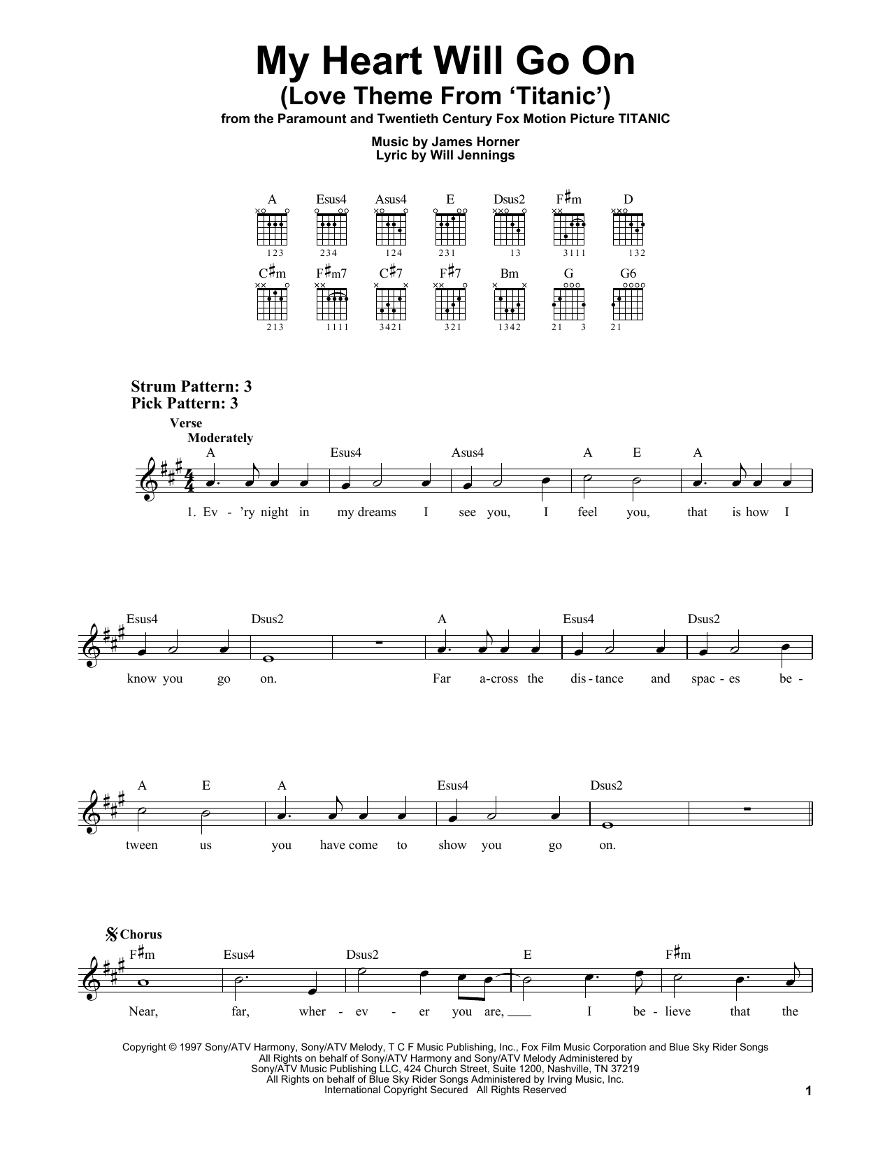 Celine Dion My Heart Will Go On (from Titanic) sheet music notes and chords arranged for Easy Guitar