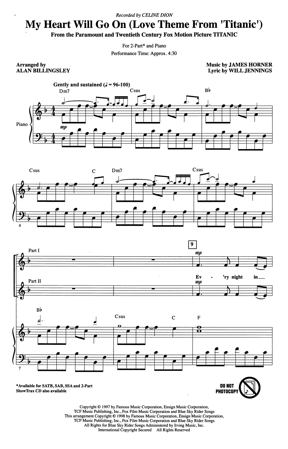 Celine Dion My Heart Will Go On (Love Theme From 'Titanic') (arr. Alan Billingsley) sheet music notes and chords arranged for SATB Choir