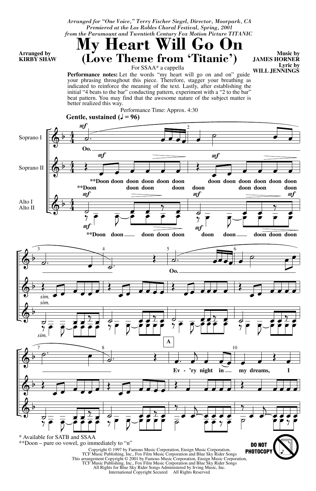 Celine Dion My Heart Will Go On (Love Theme From Titanic) (arr. Kirby Shaw) sheet music notes and chords arranged for SSA Choir