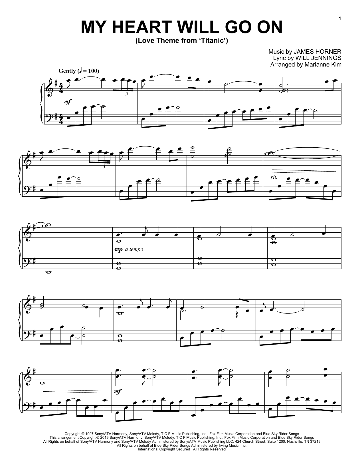 Celine Dion My Heart Will Go On (Love Theme From 'Titanic') (arr. Marianne Kim) sheet music notes and chords arranged for Piano Solo