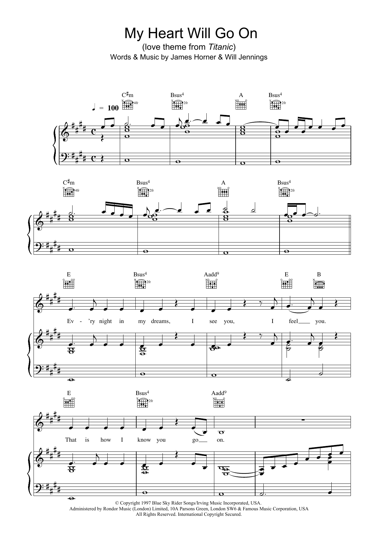 Celine Dion My Heart Will Go On (Love Theme from Titanic) sheet music notes and chords arranged for Beginner Piano