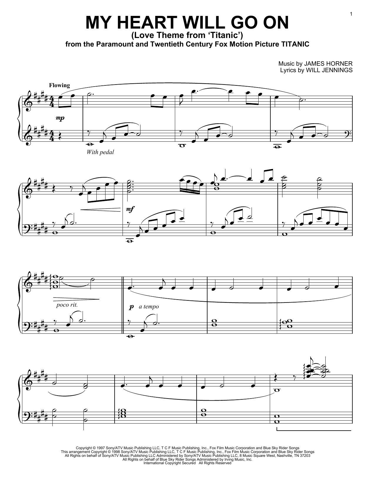 Celine Dion My Heart Will Go On sheet music notes and chords arranged for Piano Solo