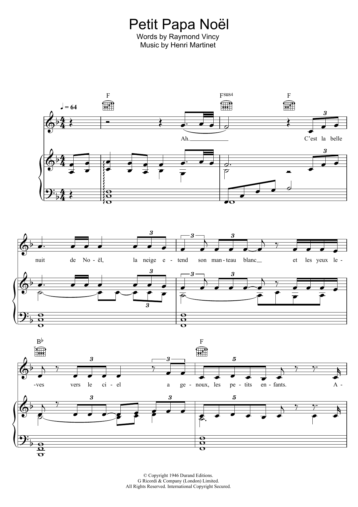 Celine Dion Petit Papa Noel sheet music notes and chords arranged for Piano, Vocal & Guitar Chords