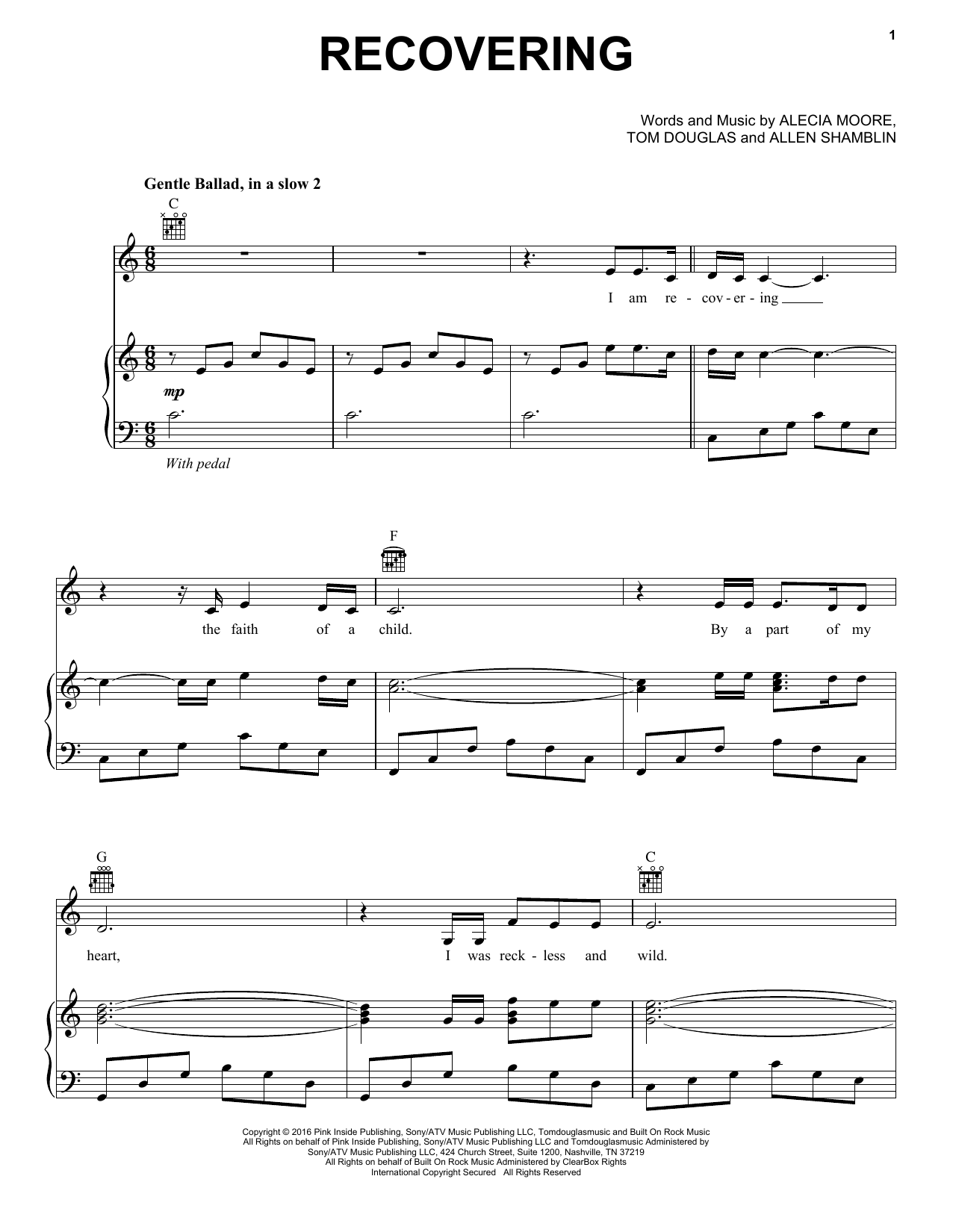 Celine Dion Recovering sheet music notes and chords arranged for Piano, Vocal & Guitar Chords (Right-Hand Melody)