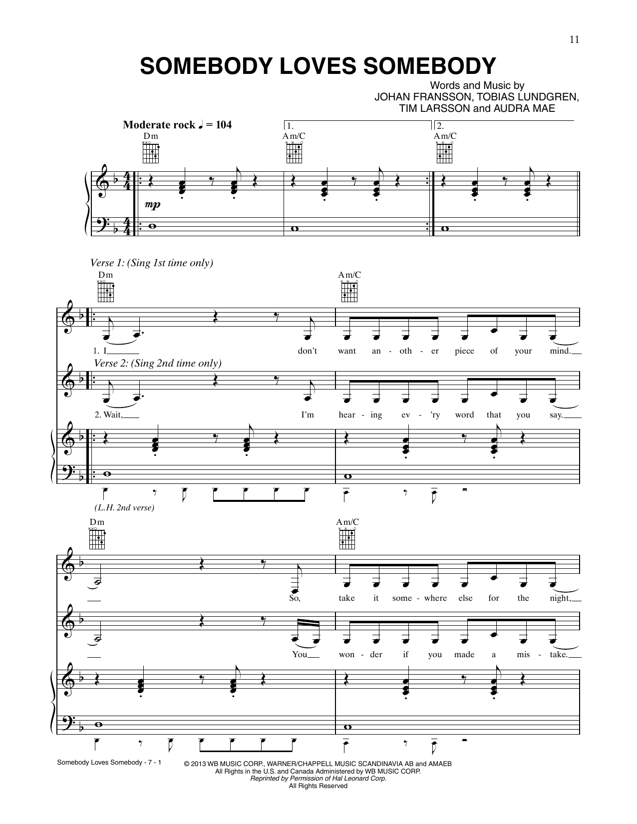 CÉLINE DION Somebody Loves Somebody sheet music notes and chords arranged for Piano, Vocal & Guitar Chords (Right-Hand Melody)