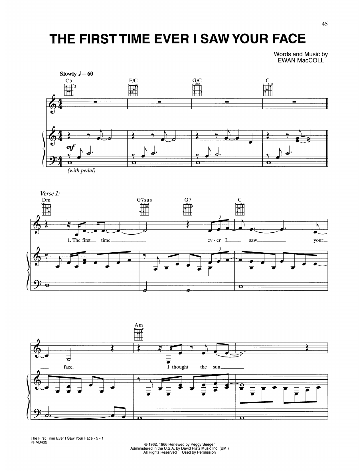 Celine Dion The First Time Ever I Saw Your Face sheet music notes and chords arranged for Piano, Vocal & Guitar Chords (Right-Hand Melody)