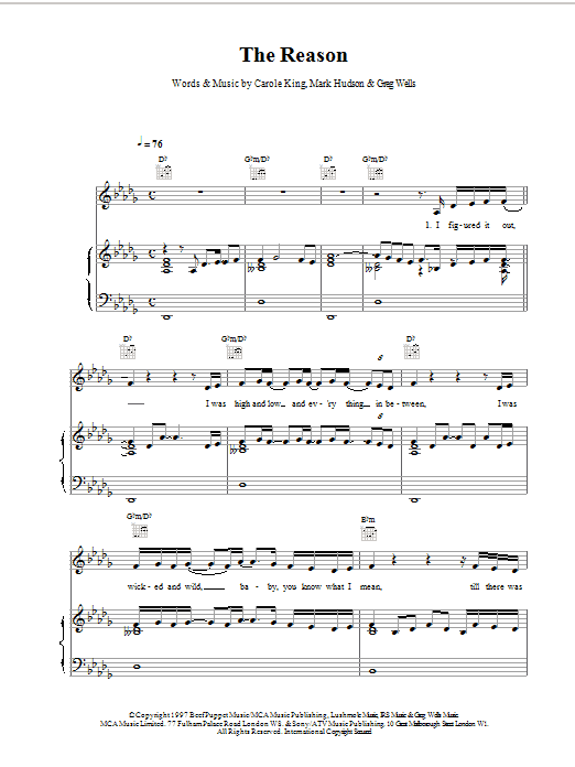 Celine Dion The Reason sheet music notes and chords arranged for Piano, Vocal & Guitar Chords