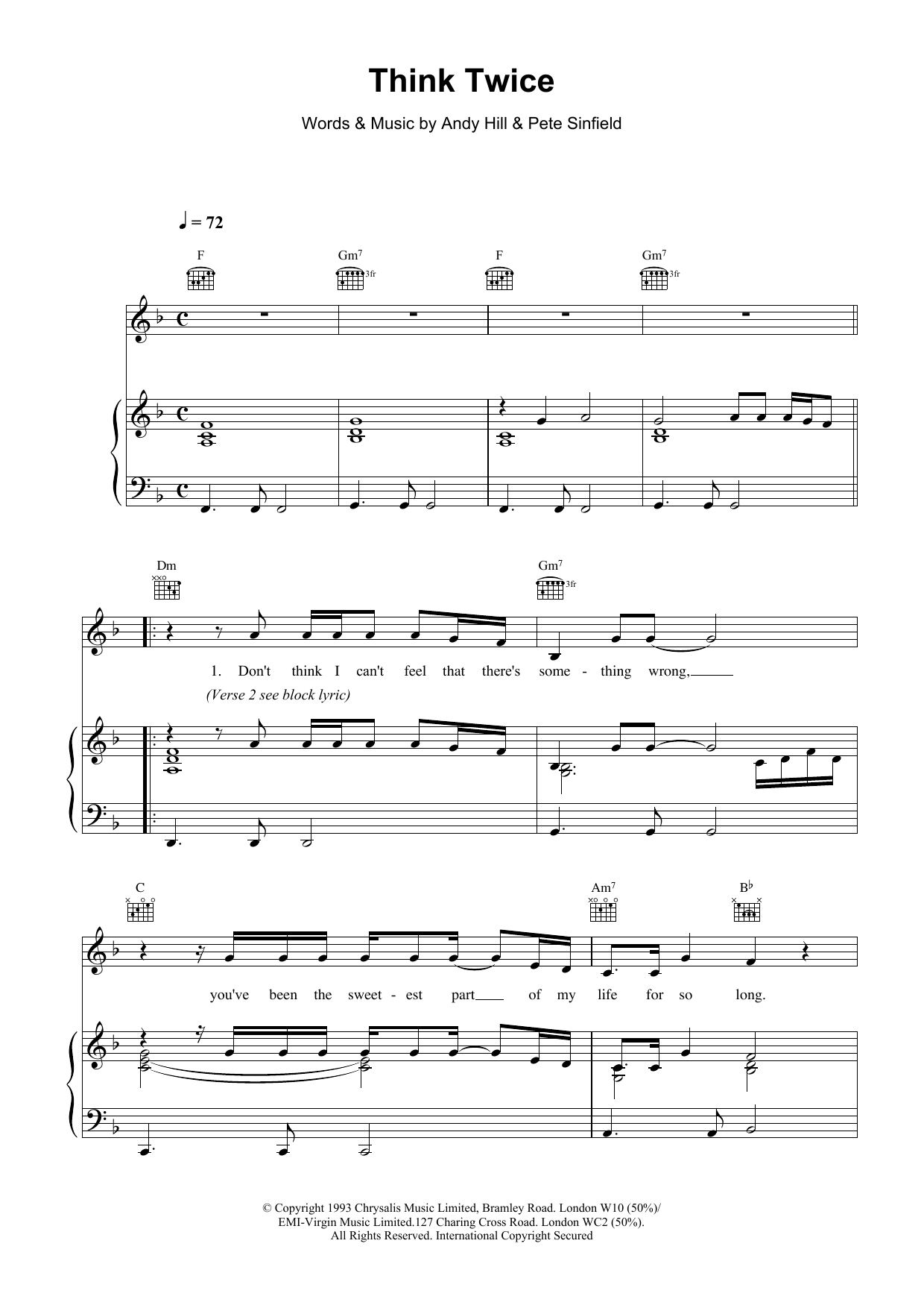 Celine Dion Think Twice sheet music notes and chords arranged for Piano Solo