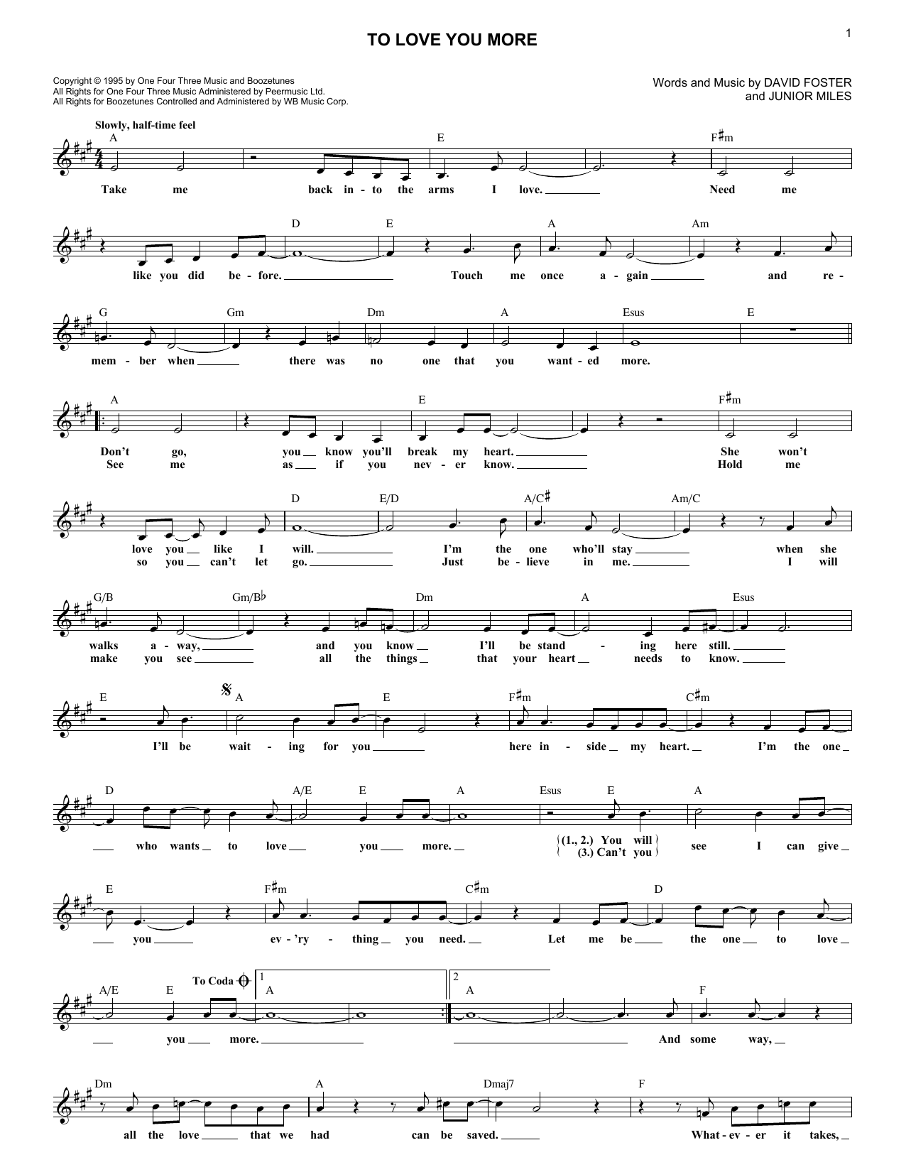 Celine Dion To Love You More sheet music notes and chords arranged for Piano, Vocal & Guitar Chords (Right-Hand Melody)