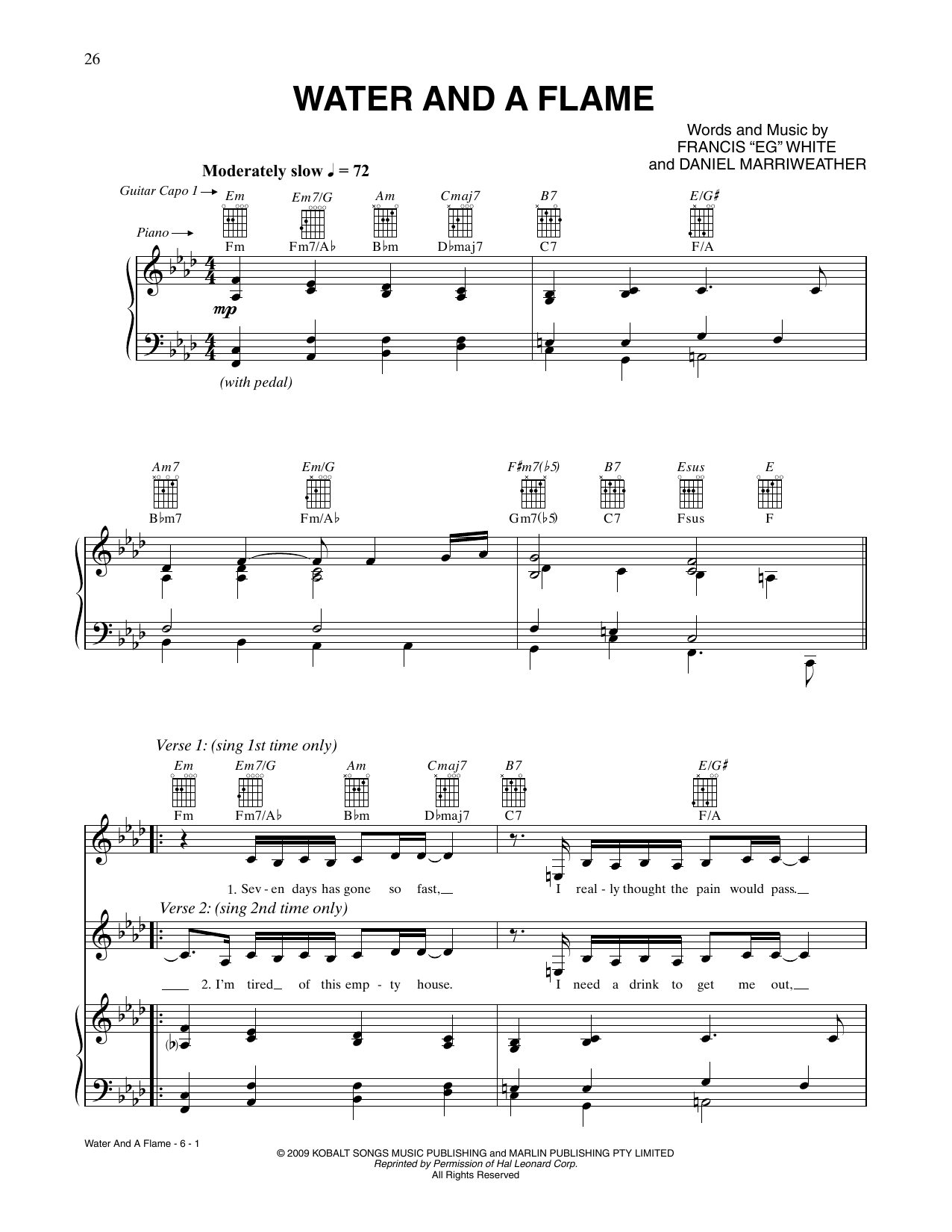 CÉLINE DION Water And A Flame sheet music notes and chords arranged for Piano, Vocal & Guitar Chords (Right-Hand Melody)