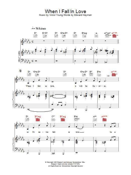 Celine Dion When I Fall In Love sheet music notes and chords arranged for Piano, Vocal & Guitar Chords (Right-Hand Melody)