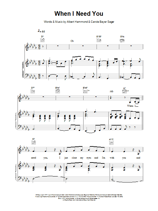 Celine Dion When I Need You sheet music notes and chords arranged for Piano, Vocal & Guitar Chords