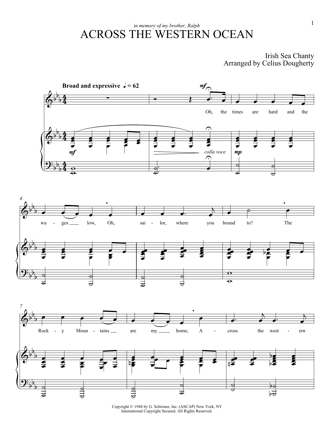 Celius Dougherty Across The Western Ocean (Five Sea Chanties, No. 3) sheet music notes and chords arranged for Piano & Vocal