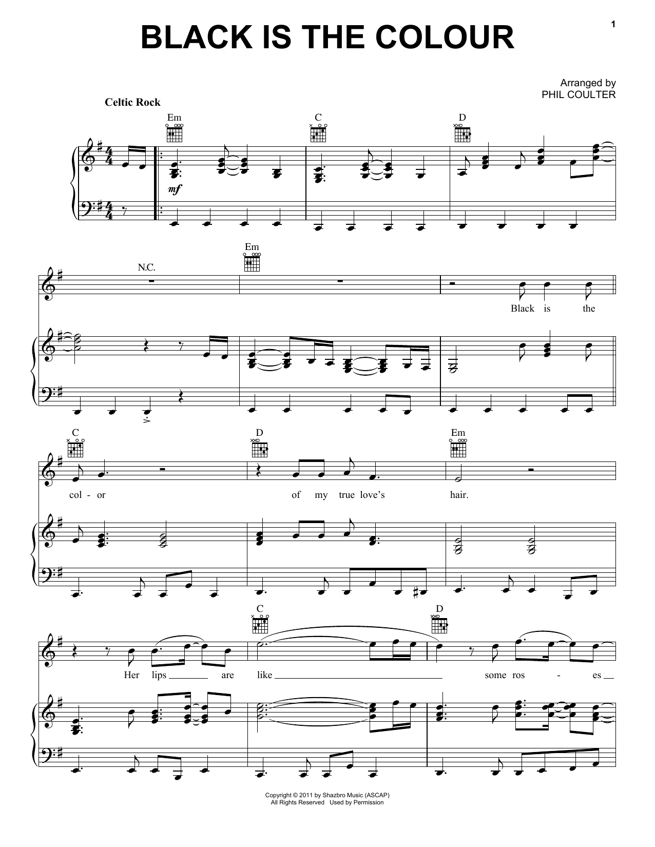 Celtic Thunder Black Is The Colour sheet music notes and chords arranged for Piano, Vocal & Guitar Chords (Right-Hand Melody)