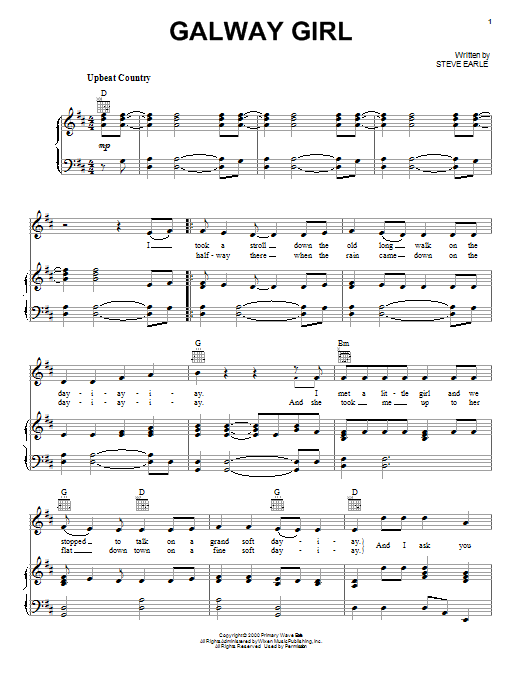 Celtic Thunder Galway Girl sheet music notes and chords arranged for Piano, Vocal & Guitar Chords (Right-Hand Melody)