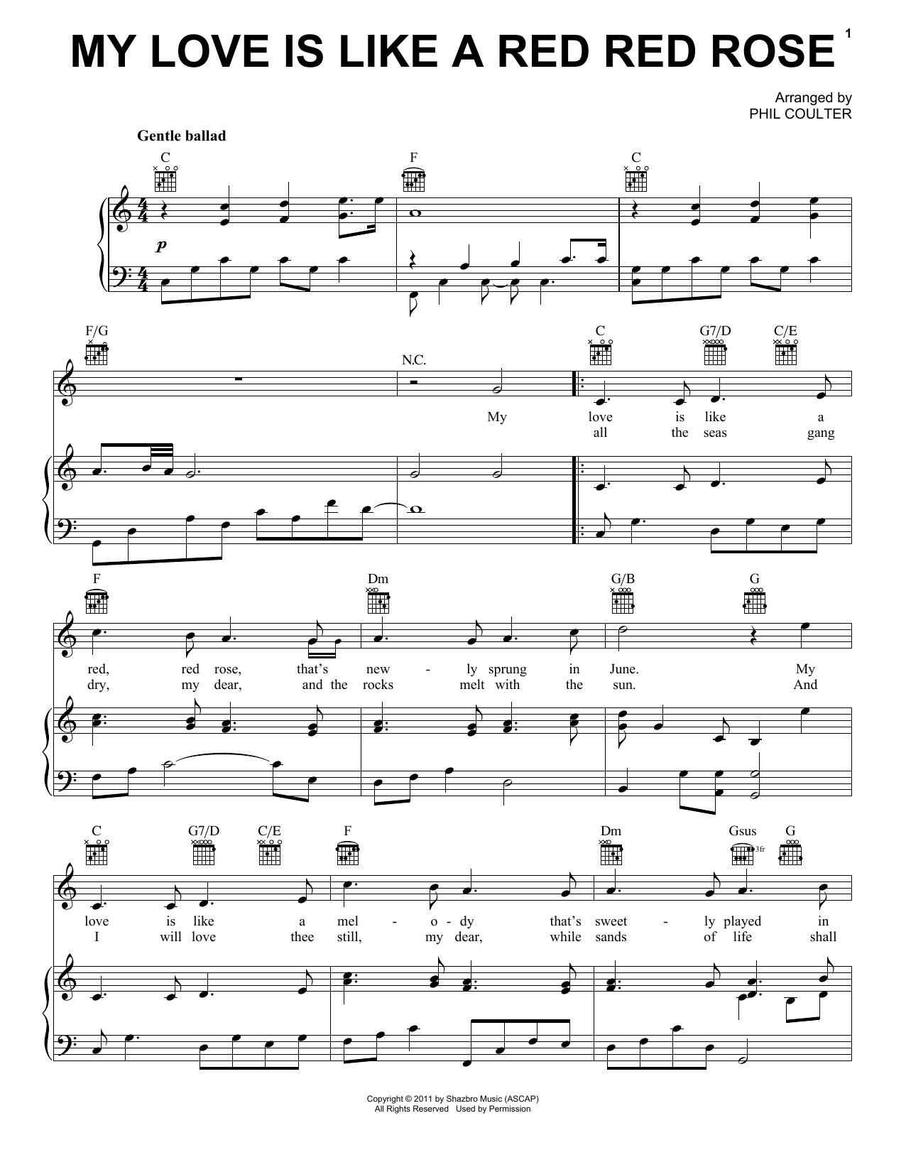 Celtic Thunder My Love Is Like A Red Red Rose sheet music notes and chords arranged for Piano, Vocal & Guitar Chords (Right-Hand Melody)