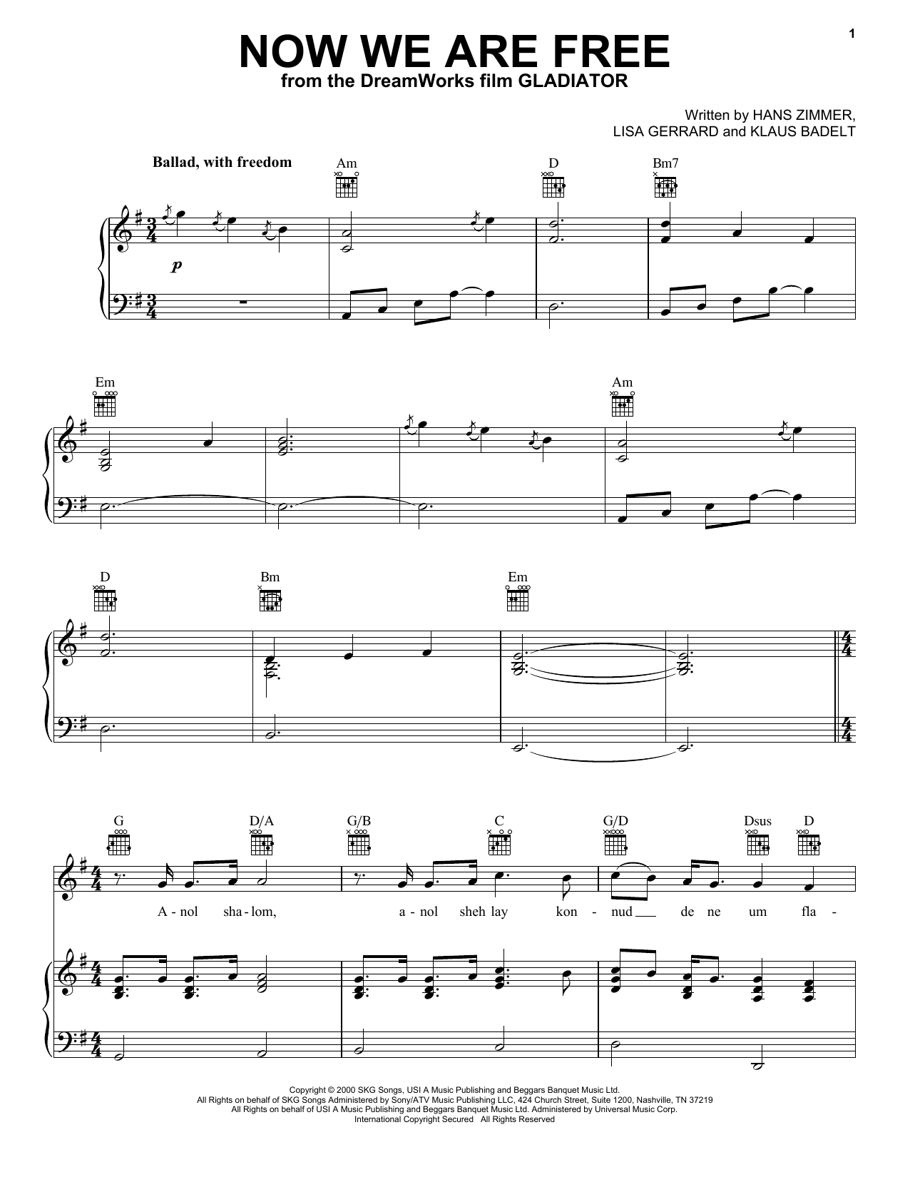 Celtic Thunder Now We Are Free sheet music notes and chords arranged for Piano, Vocal & Guitar Chords (Right-Hand Melody)