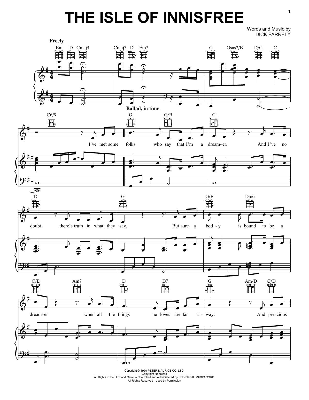 Celtic Thunder The Isle Of Innisfree sheet music notes and chords arranged for Piano, Vocal & Guitar Chords (Right-Hand Melody)