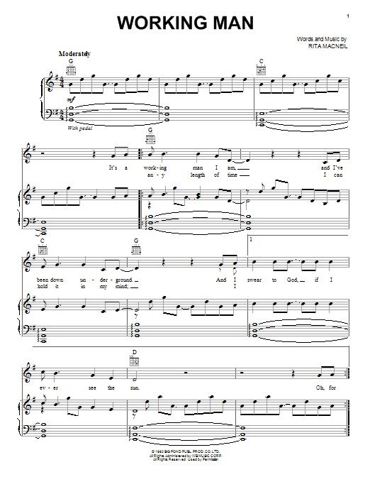 Celtic Thunder Working Man sheet music notes and chords arranged for Piano, Vocal & Guitar Chords (Right-Hand Melody)
