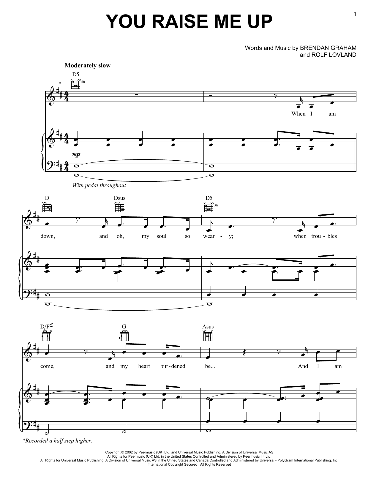 Celtic Thunder You Raise Me Up sheet music notes and chords arranged for Piano, Vocal & Guitar Chords (Right-Hand Melody)