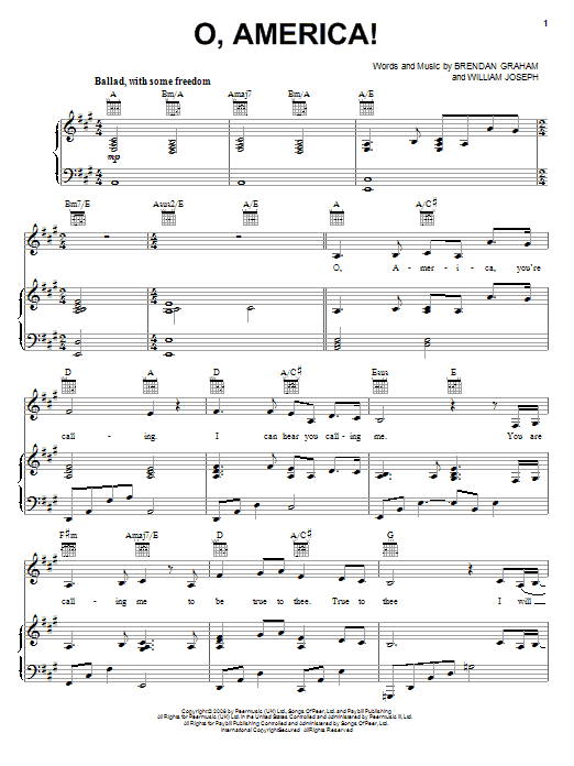 Celtic Woman O, America! sheet music notes and chords arranged for Piano, Vocal & Guitar Chords (Right-Hand Melody)