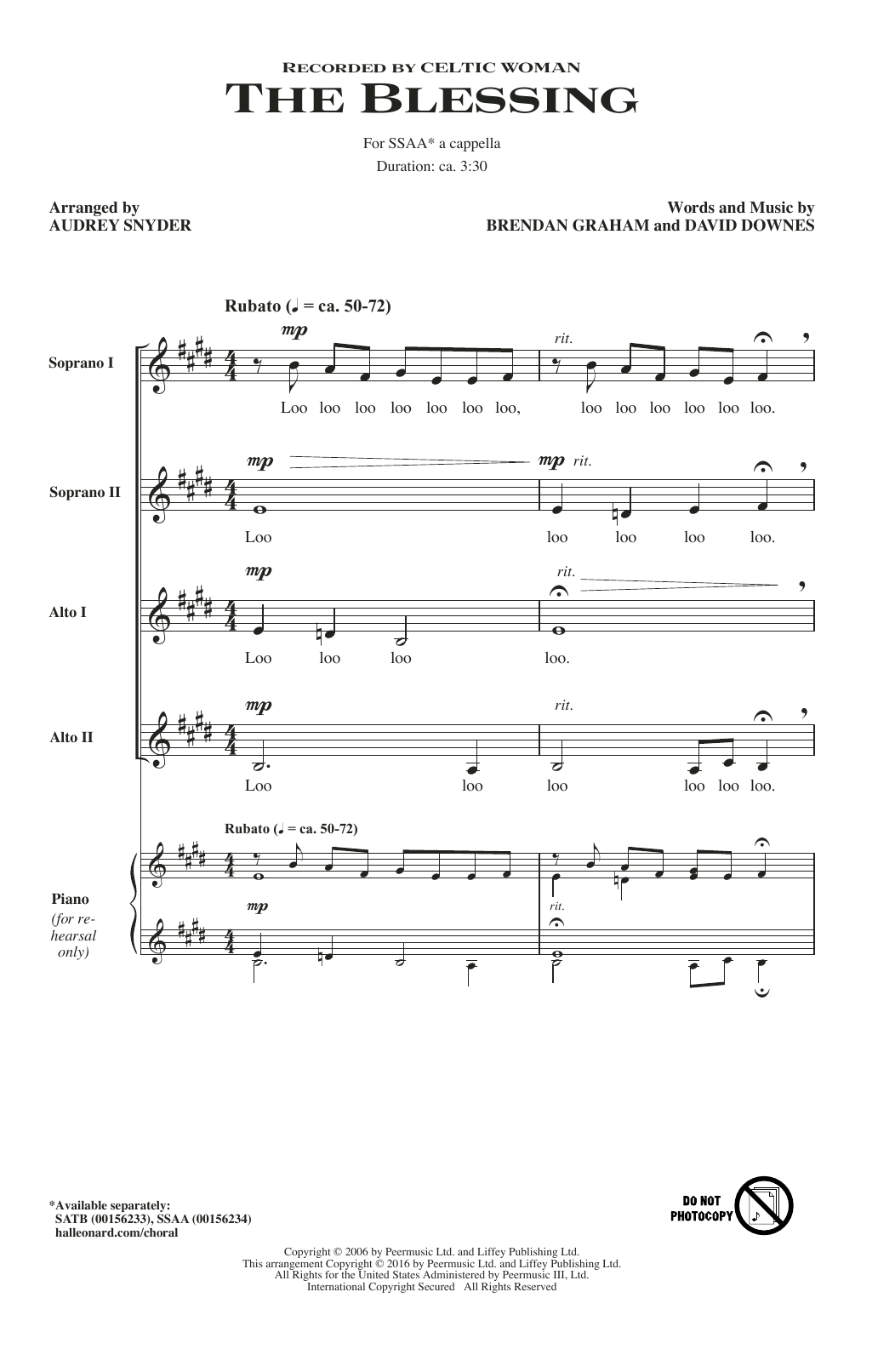 Celtic Woman The Blessing (arr. Audrey Snyder) sheet music notes and chords arranged for SSA Choir