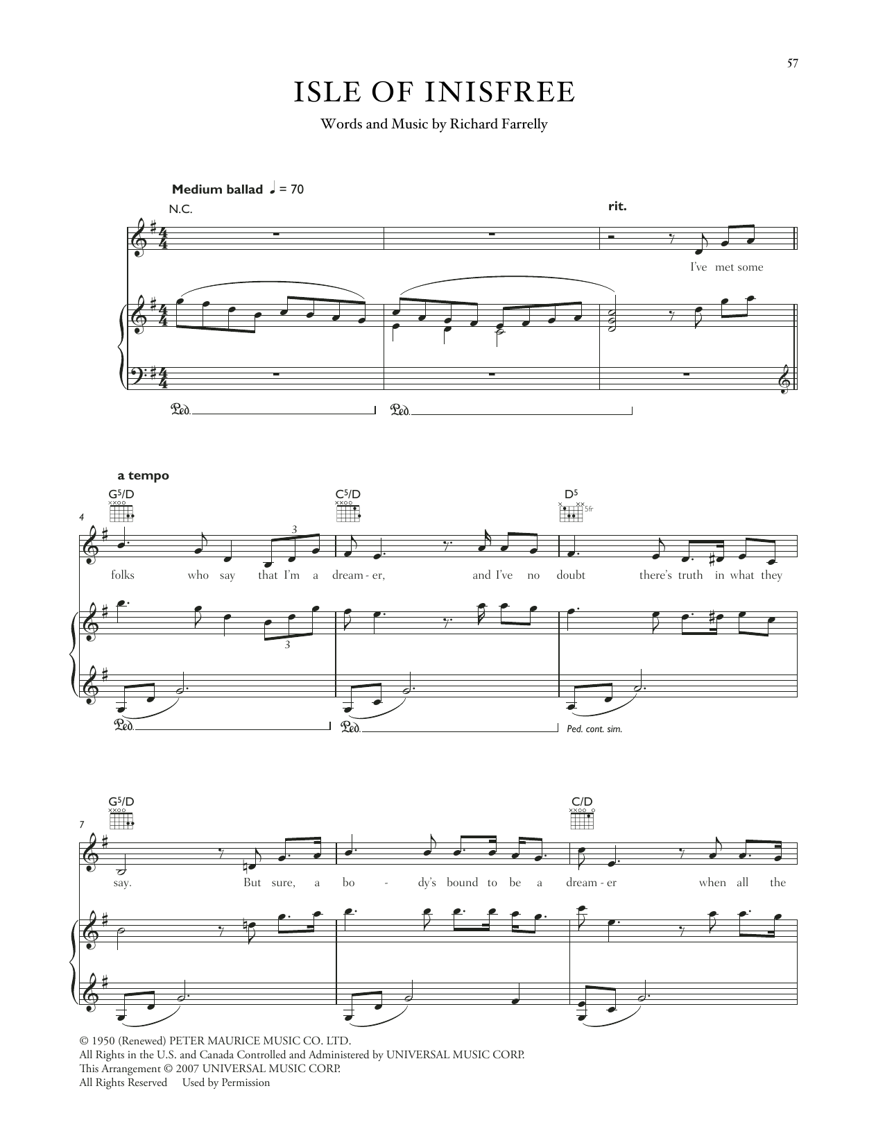 Celtic Woman The Isle Of Innisfree sheet music notes and chords arranged for Piano, Vocal & Guitar Chords (Right-Hand Melody)