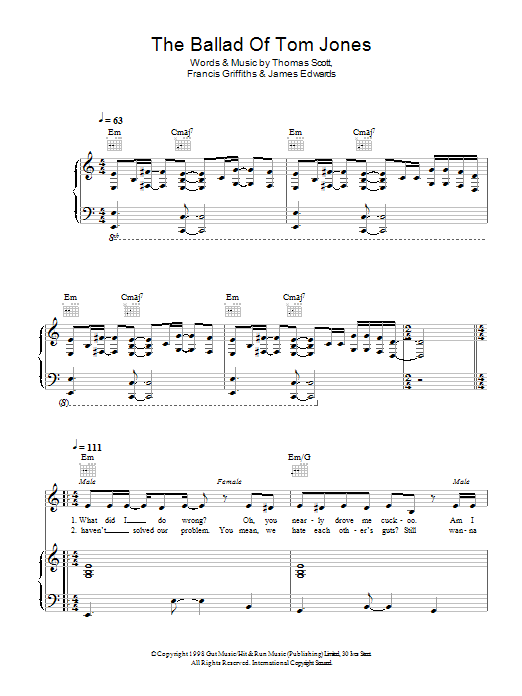Cerys Matthews And Space The Ballad Of Tom Jones sheet music notes and chords arranged for Piano, Vocal & Guitar Chords