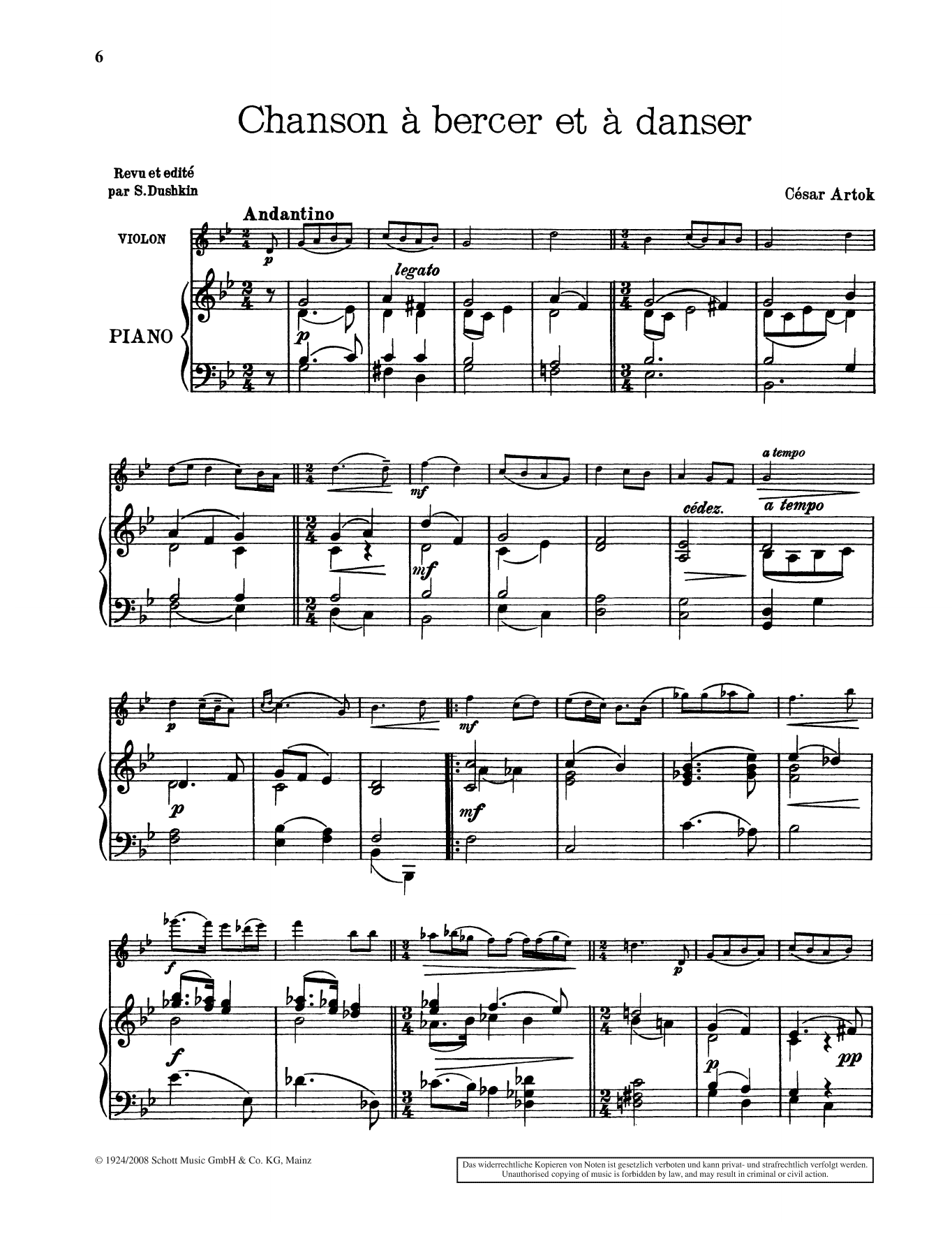 César Artok Chanson à bercer et à danser sheet music notes and chords arranged for String Solo
