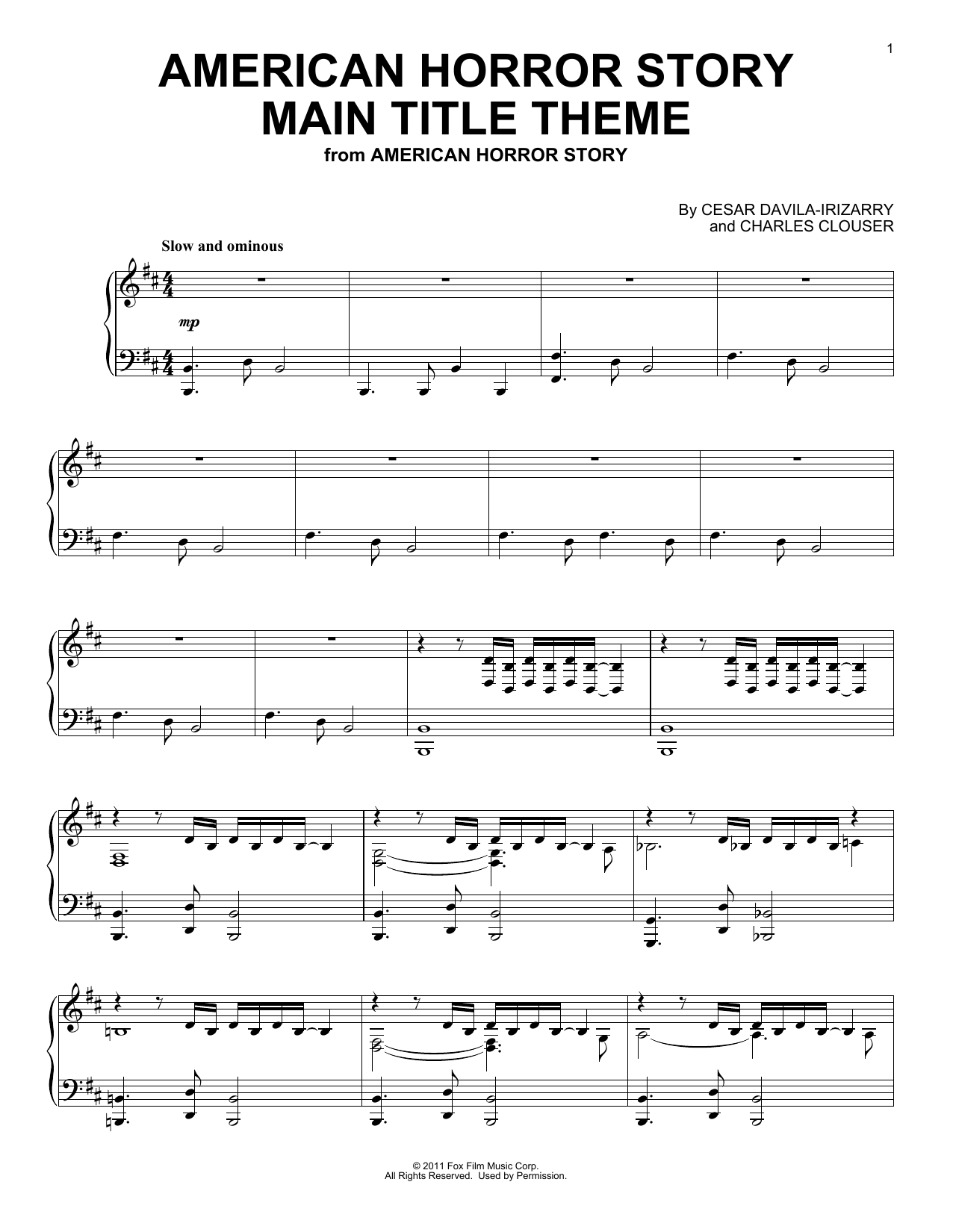 Cesar Davila-Irizarry American Horror Story (Main Title Theme) sheet music notes and chords arranged for Piano Solo