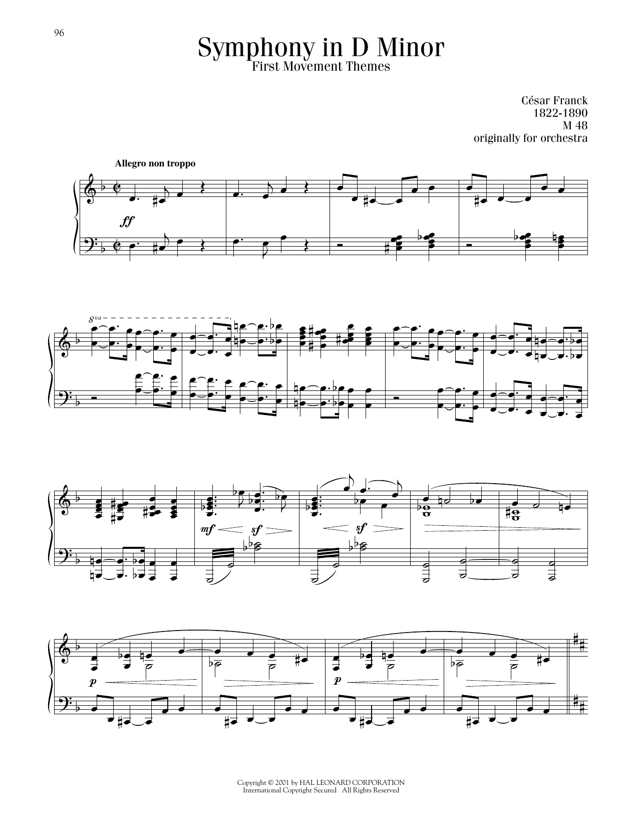 Cesar Franck Symphony In D Minor, First Movement Theme sheet music notes and chords arranged for Piano Solo