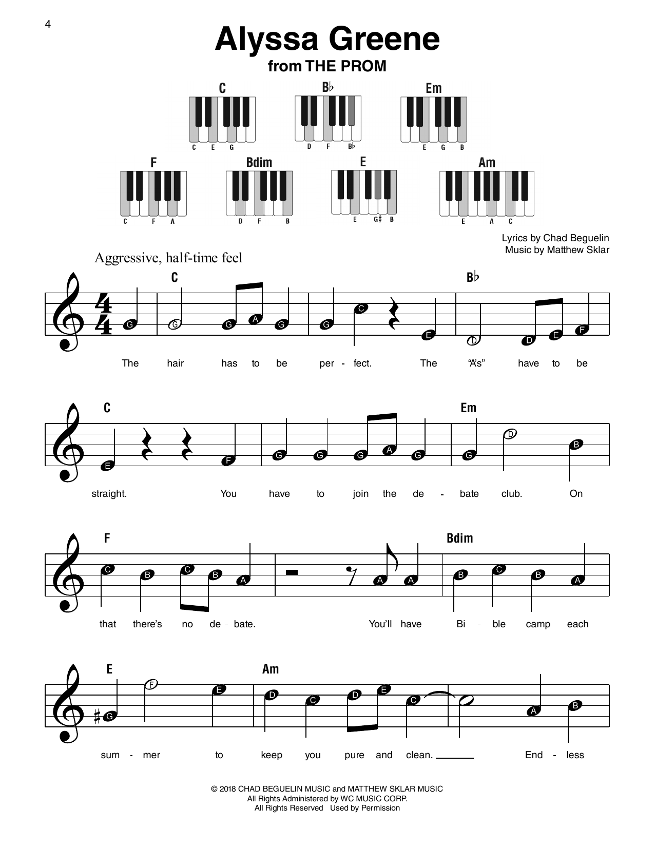 Chad Beguelin Alyssa Greene (from The Prom) sheet music notes and chords arranged for Super Easy Piano