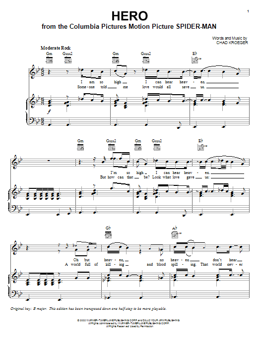 Chad Kroeger Hero sheet music notes and chords arranged for Piano, Vocal & Guitar Chords (Right-Hand Melody)