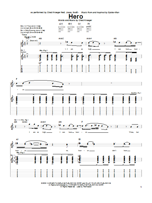Chad Kroeger Hero sheet music notes and chords arranged for Piano, Vocal & Guitar Chords (Right-Hand Melody)