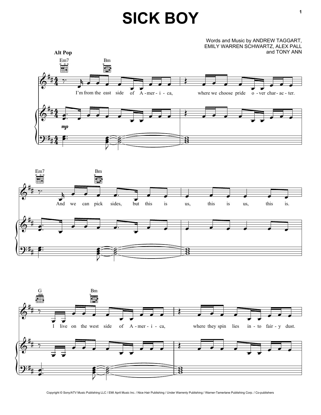 Chainsmokers Sick Boy sheet music notes and chords arranged for Piano, Vocal & Guitar Chords (Right-Hand Melody)