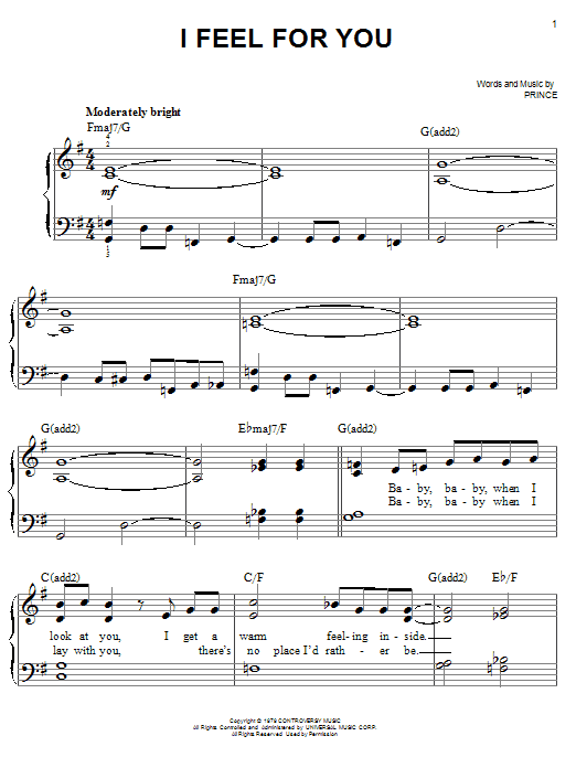 Chaka Khan I Feel For You sheet music notes and chords arranged for Piano, Vocal & Guitar Chords (Right-Hand Melody)