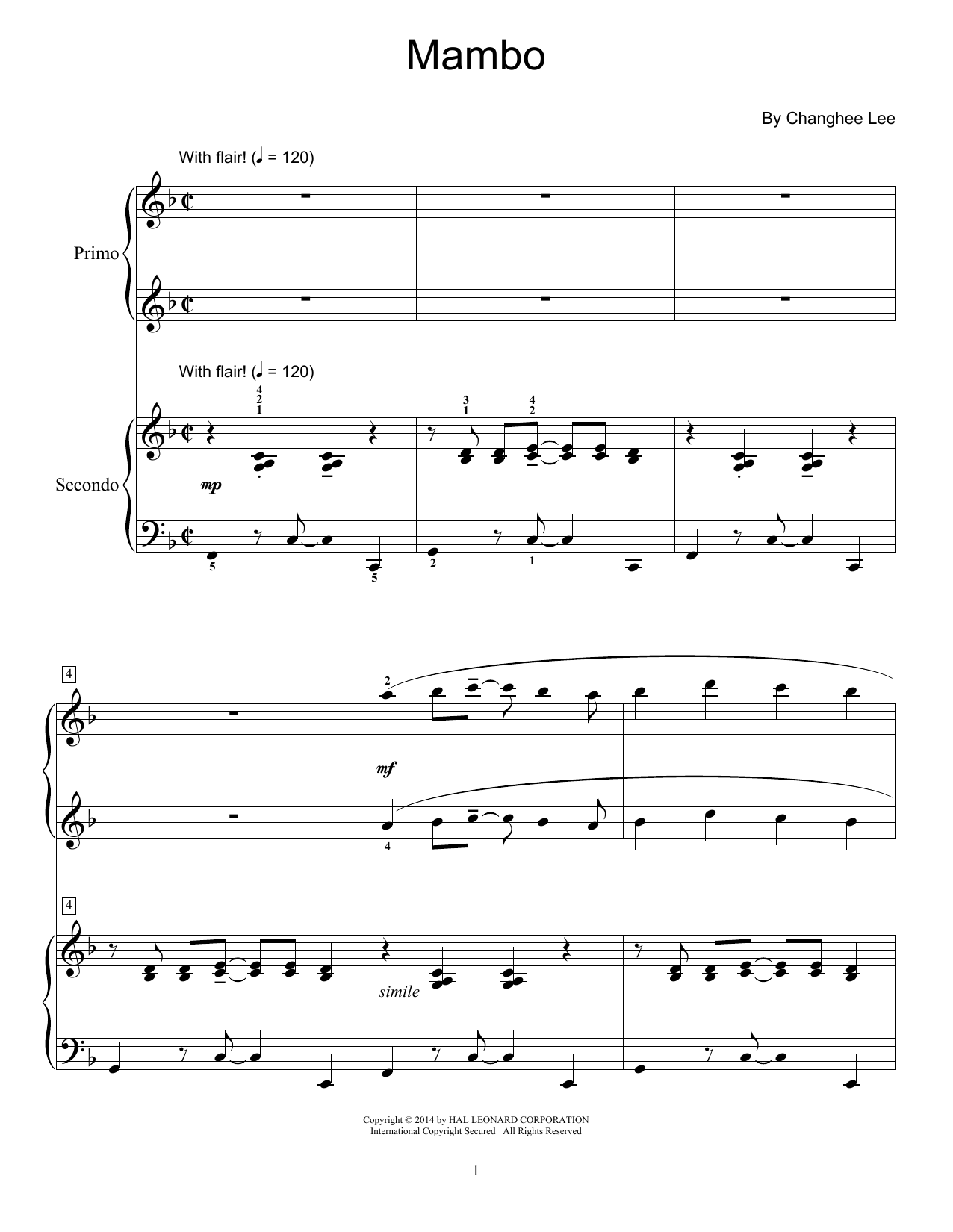 Changhee Lee Mambo sheet music notes and chords arranged for Piano Duet